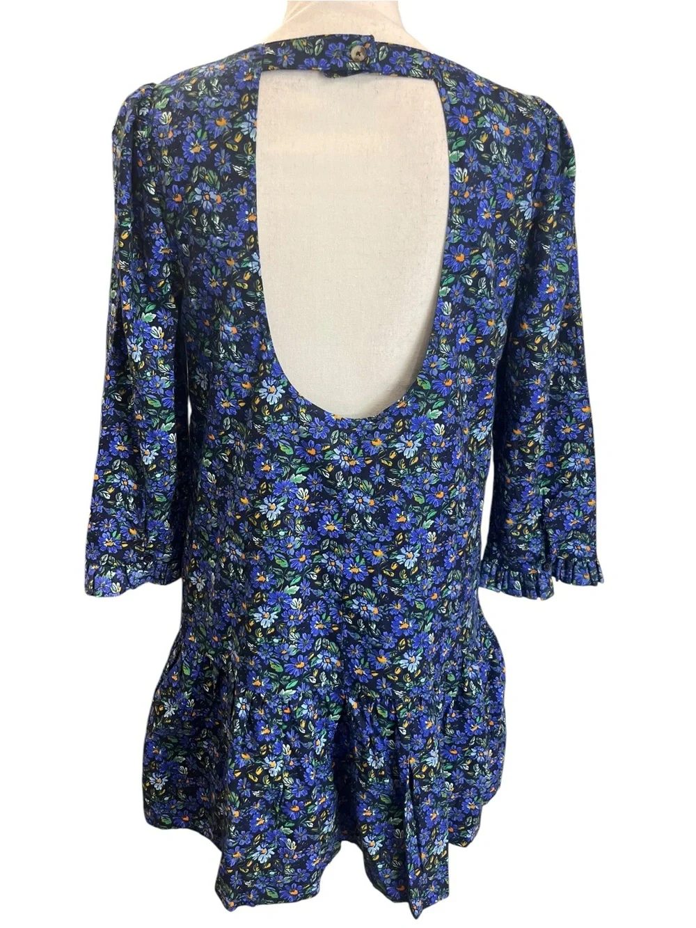 Free People The Avenue Floral Mini Dress Navy Open Back Ruffle Hem Boho Small